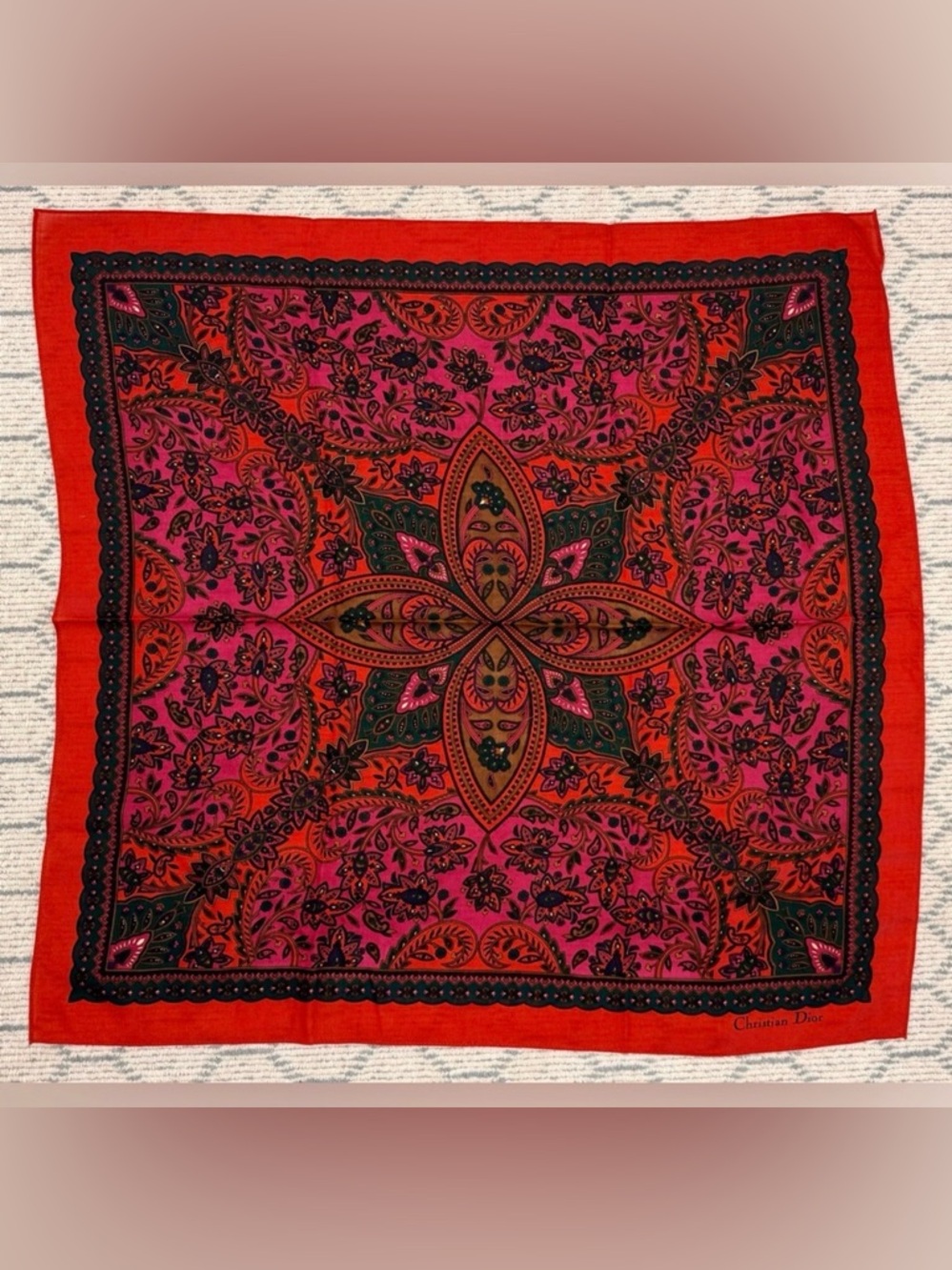 CHRISTIAN DIOR Vintage Rare Red Paisley Floral Retro 100% Wool Square Scarf